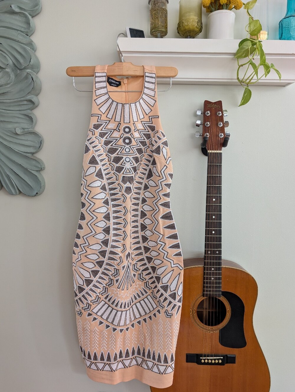 Bebe Sequin Beaded Peach Racer Back Bodycon Holiday Party Dress